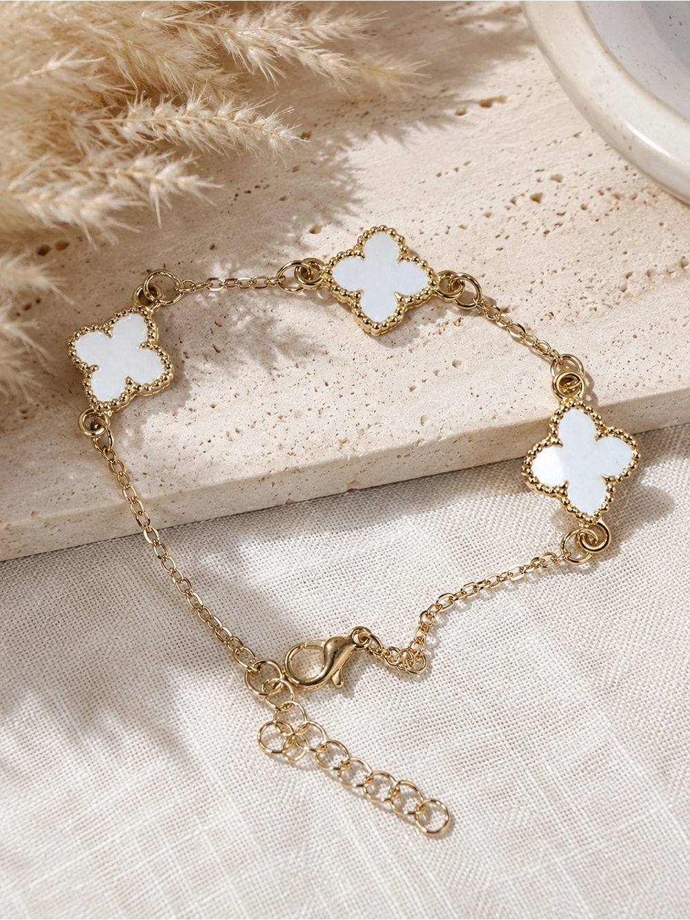 Delicate White Clover Link Bracelet - Elegant Women's Jewelry
